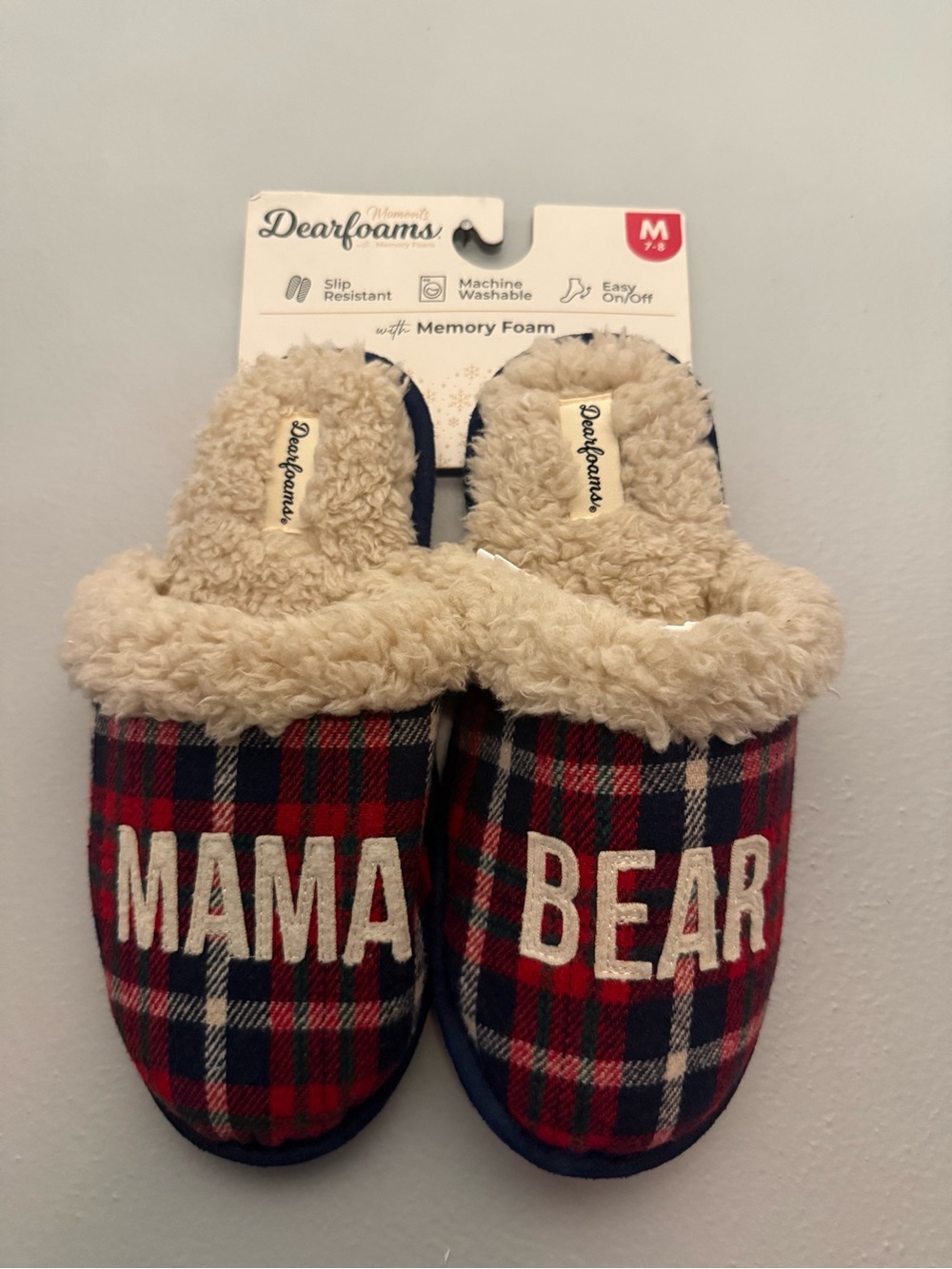 dearfoams Women’s Plaid 'MAMA BEAR' Memory Foam Slippers - 7/8